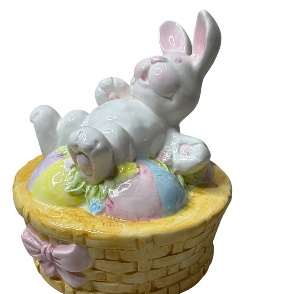 Vintage Ceramic Musical Easter Bunny Figurine Basket Pastel Eggs Music Box Works